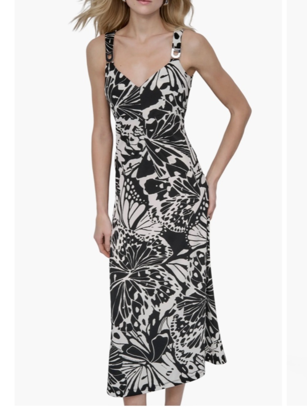 DKNY Floral Print Matte Midi Dress | Black & Ecru | Size 8 | NWT